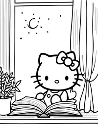 Hello Kitty reading books by a sunny window