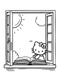 Hello Kitty reading books by a sunny window