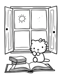 Hello Kitty reading books by a sunny window