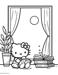 Hello Kitty reading books by a sunny window