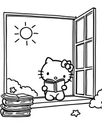 Hello Kitty reading books by a sunny window