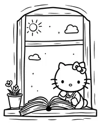 Hello Kitty reading books by a sunny window