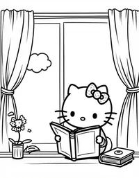 Hello Kitty reading books by a sunny window