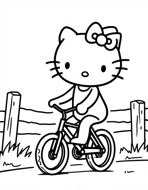 Hello Kitty riding a bicycle on a country road