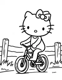 Hello Kitty riding a bicycle on a country road