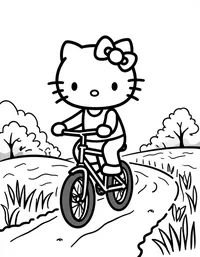 Hello Kitty riding a bicycle on a country road