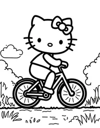 Hello Kitty riding a bicycle on a country road