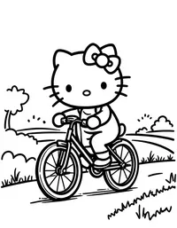 Hello Kitty riding a bicycle on a country road