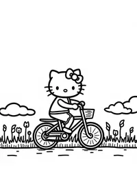 Hello Kitty riding a bicycle on a country road