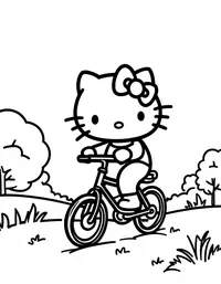 Hello Kitty riding a bicycle on a country road