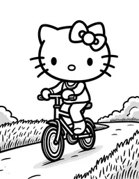 Hello Kitty riding a bicycle on a country road