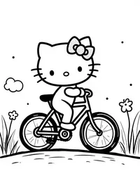 Hello Kitty riding a bicycle on a country road