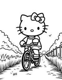 Hello Kitty riding a bicycle on a country road