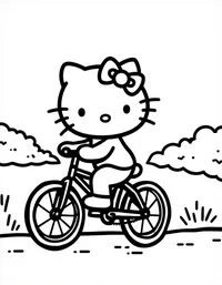 Hello Kitty riding a bicycle on a country road