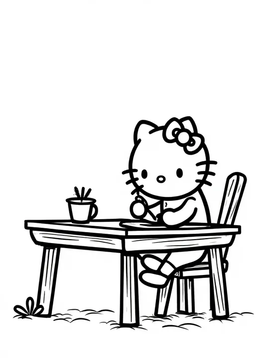 Hello Kitty writing letters at a wooden desk