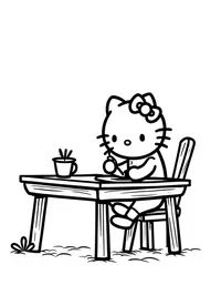 Hello Kitty writing letters at a wooden desk coloring pages