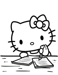 Hello Kitty writing letters at a wooden desk