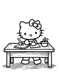 Hello Kitty writing letters at a wooden desk