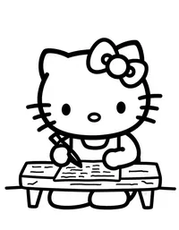 Hello Kitty writing letters at a wooden desk