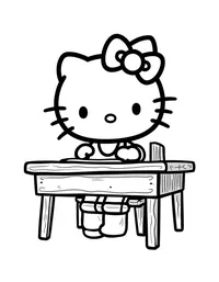 Hello Kitty writing letters at a wooden desk