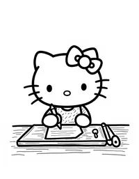 Hello Kitty writing letters at a wooden desk