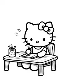 Hello Kitty writing letters at a wooden desk