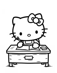 Hello Kitty writing letters at a wooden desk