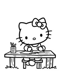 Hello Kitty writing letters at a wooden desk