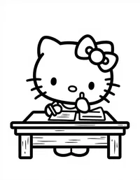 Hello Kitty writing letters at a wooden desk