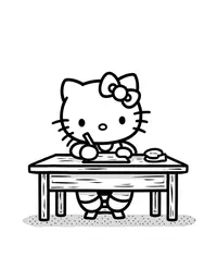 Hello Kitty writing letters at a wooden desk