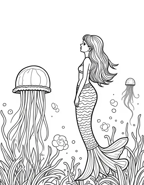 Mermaid admiring a field of jellyfish