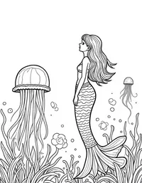 Mermaid admiring a field of jellyfish coloring pages