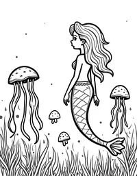 Mermaid admiring a field of jellyfish