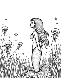 Mermaid admiring a field of jellyfish