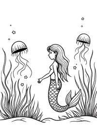 Mermaid admiring a field of jellyfish