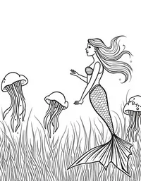 Mermaid admiring a field of jellyfish