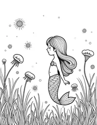 Mermaid admiring a field of jellyfish