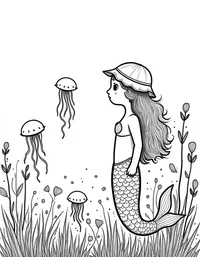 Mermaid admiring a field of jellyfish