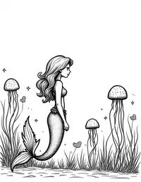 Mermaid admiring a field of jellyfish