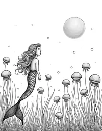 Mermaid admiring a field of jellyfish