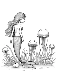 Mermaid admiring a field of jellyfish