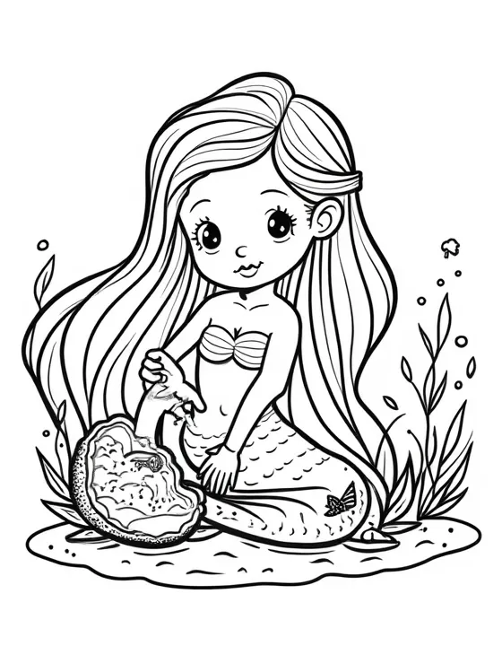 Mermaid collecting pearls from oysters