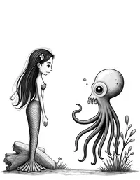 Mermaid conversing with a wise old octopus