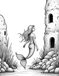 Mermaid exploring an ancient underwater ruin