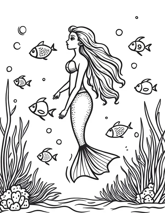 Mermaid observing a school of colorful fish