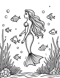Mermaid observing a school of colorful fish coloring pages