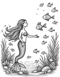 Mermaid observing a school of colorful fish