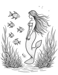 Mermaid observing a school of colorful fish