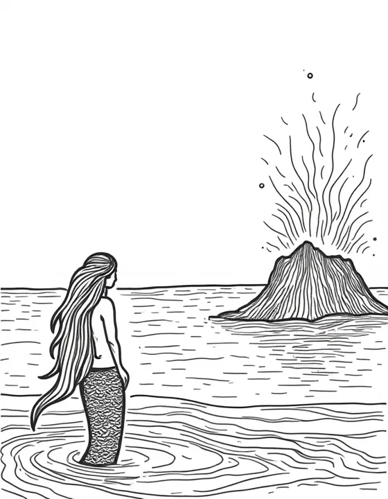 Mermaid observing a deep sea volcanic eruption