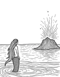 Mermaid observing a deep sea volcanic eruption coloring pages